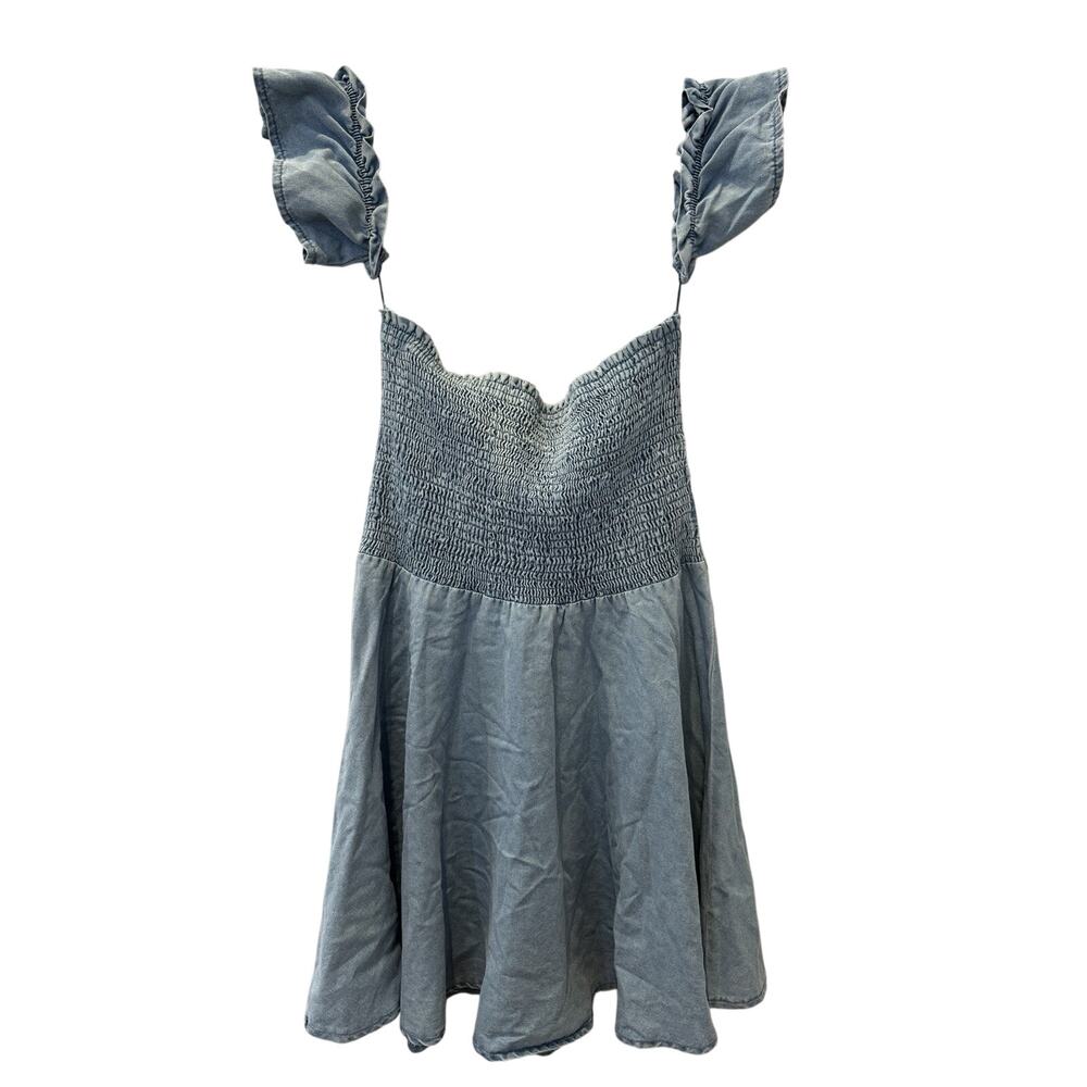 SHEIN Chambray Smocked Mini Dress Womens XL Light Blue Ruffle Strap NWT